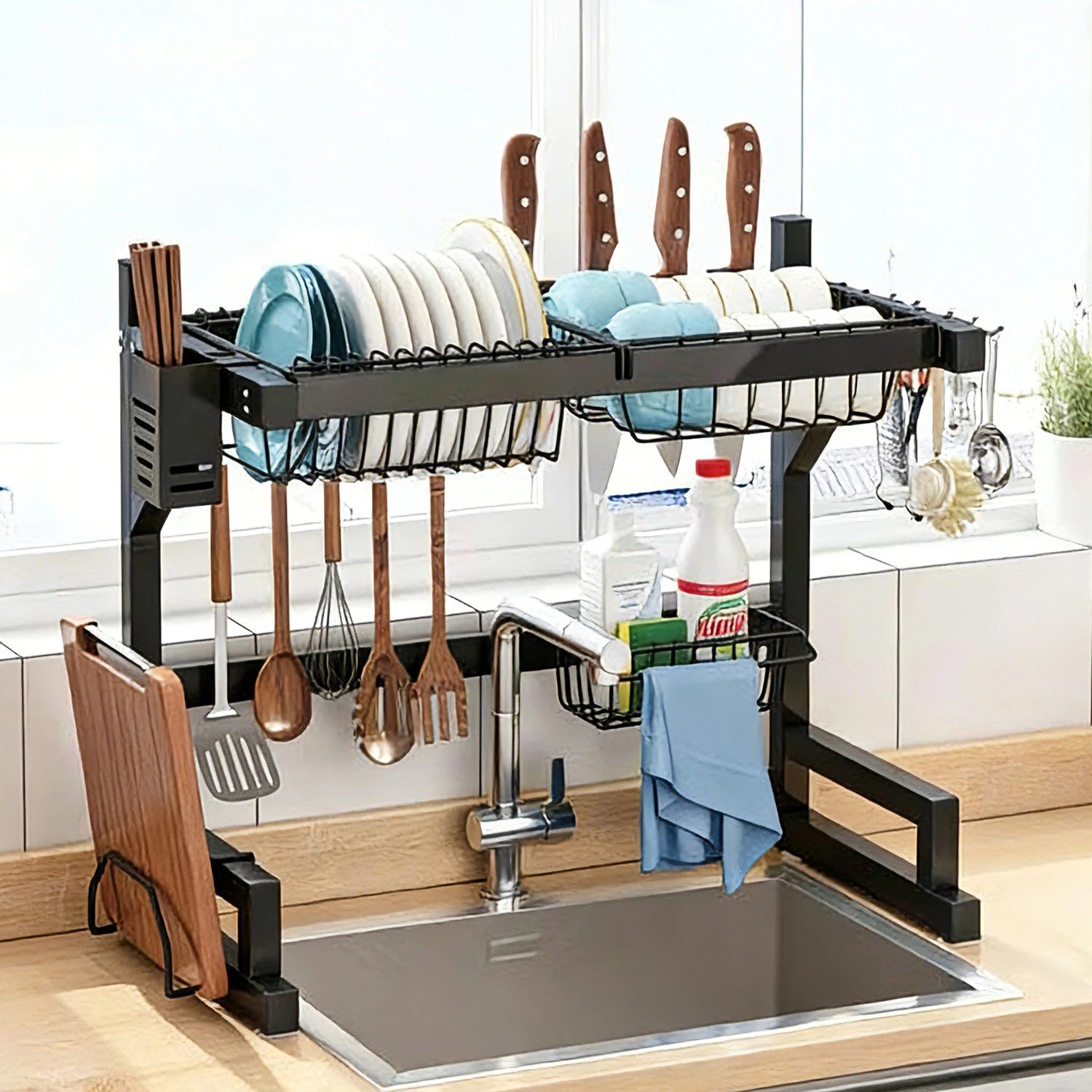Dish Rack Above Sink - Two-Tier Large Capacity Draining Rack with Knife and Utensil Holder Home Decor