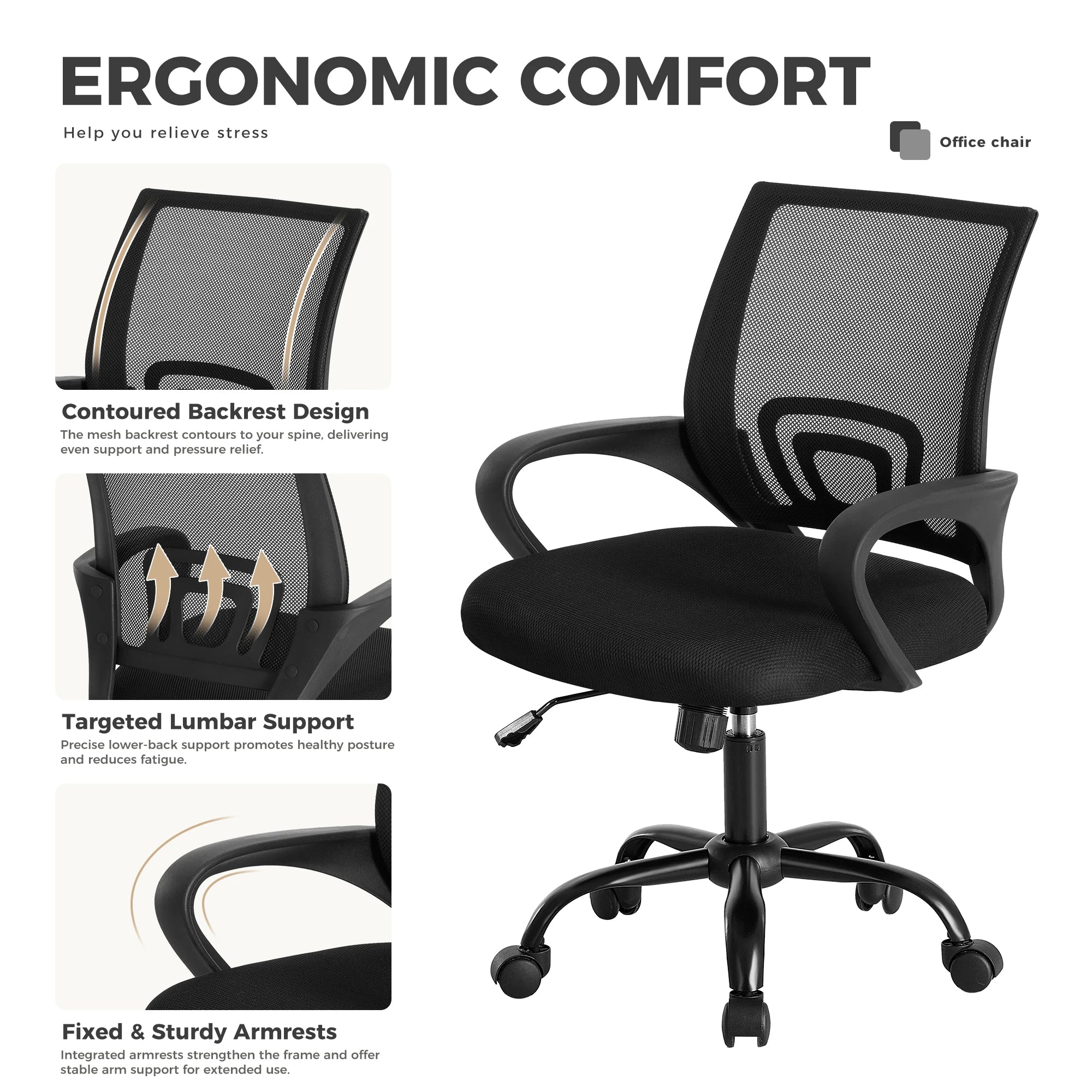 JHK Ergonomic Office Desk Gaming Chair Mid Back with Lumbar Support Rocking Mode Height Adjustable with Fixed Armrest For Office