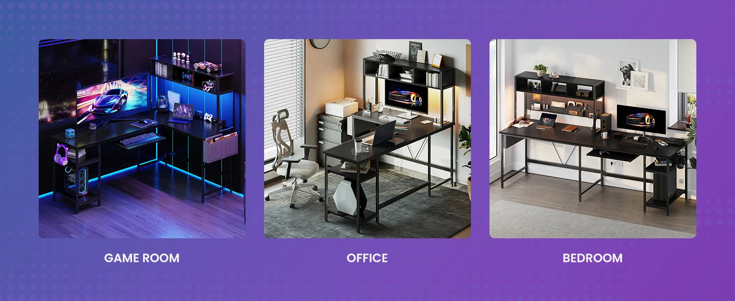 JHK 67IN L Shaped Reversible Gaming Desk with Led Lights Corner Table Keyboard Tray Side Bag Storage Shelf Wood Table for Office