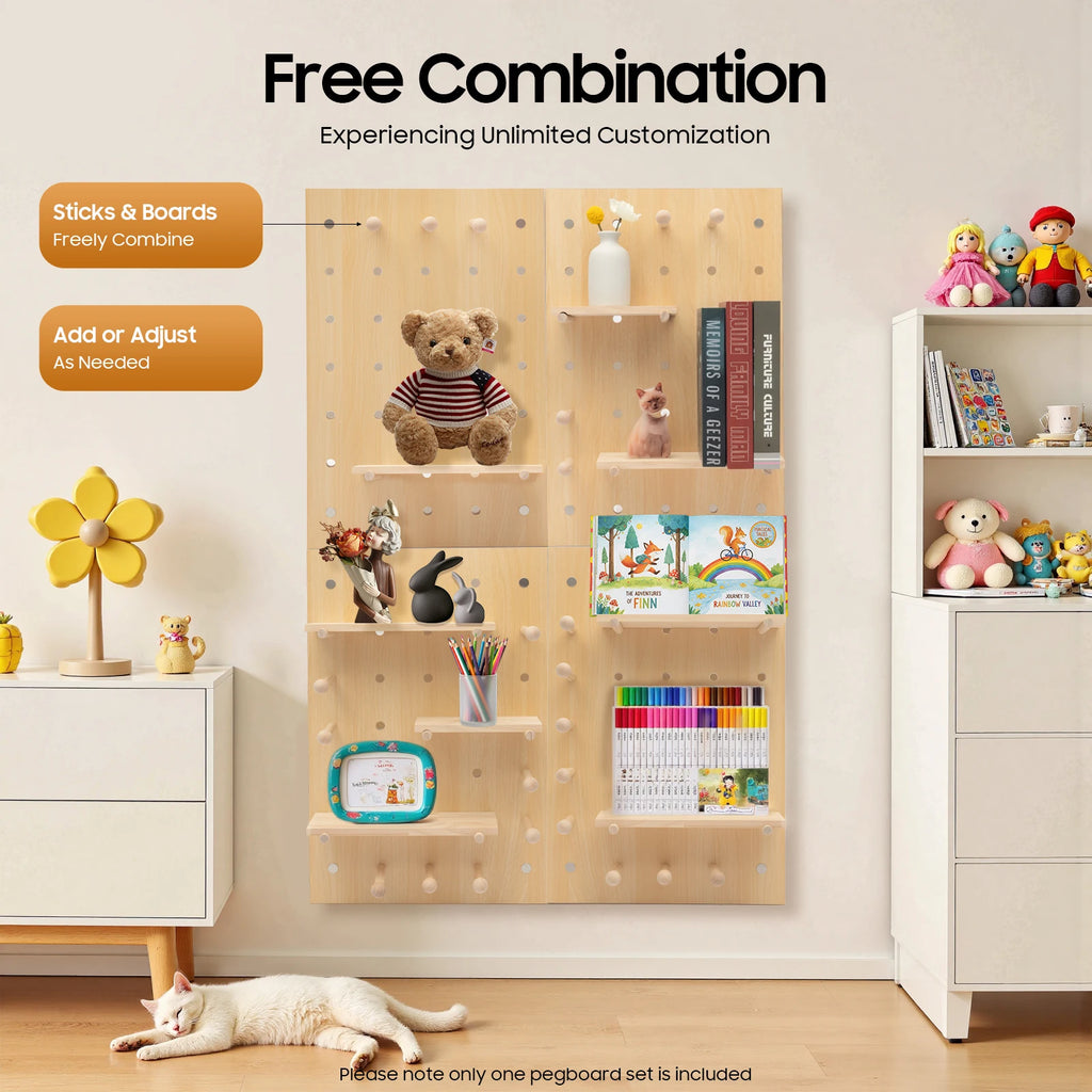 Wall Mount Wood Pegboard, Natural Wood Storage Display Shelf Wall Organizer, Kitchen Office DIY Tool Board Panel Rack Load 10kg