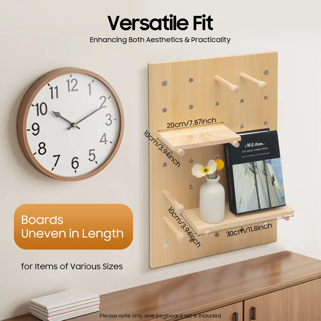Wall Mount Wood Pegboard, Natural Wood Storage Display Shelf Wall Organizer, Kitchen Office DIY Tool Board Panel Rack Load 10kg