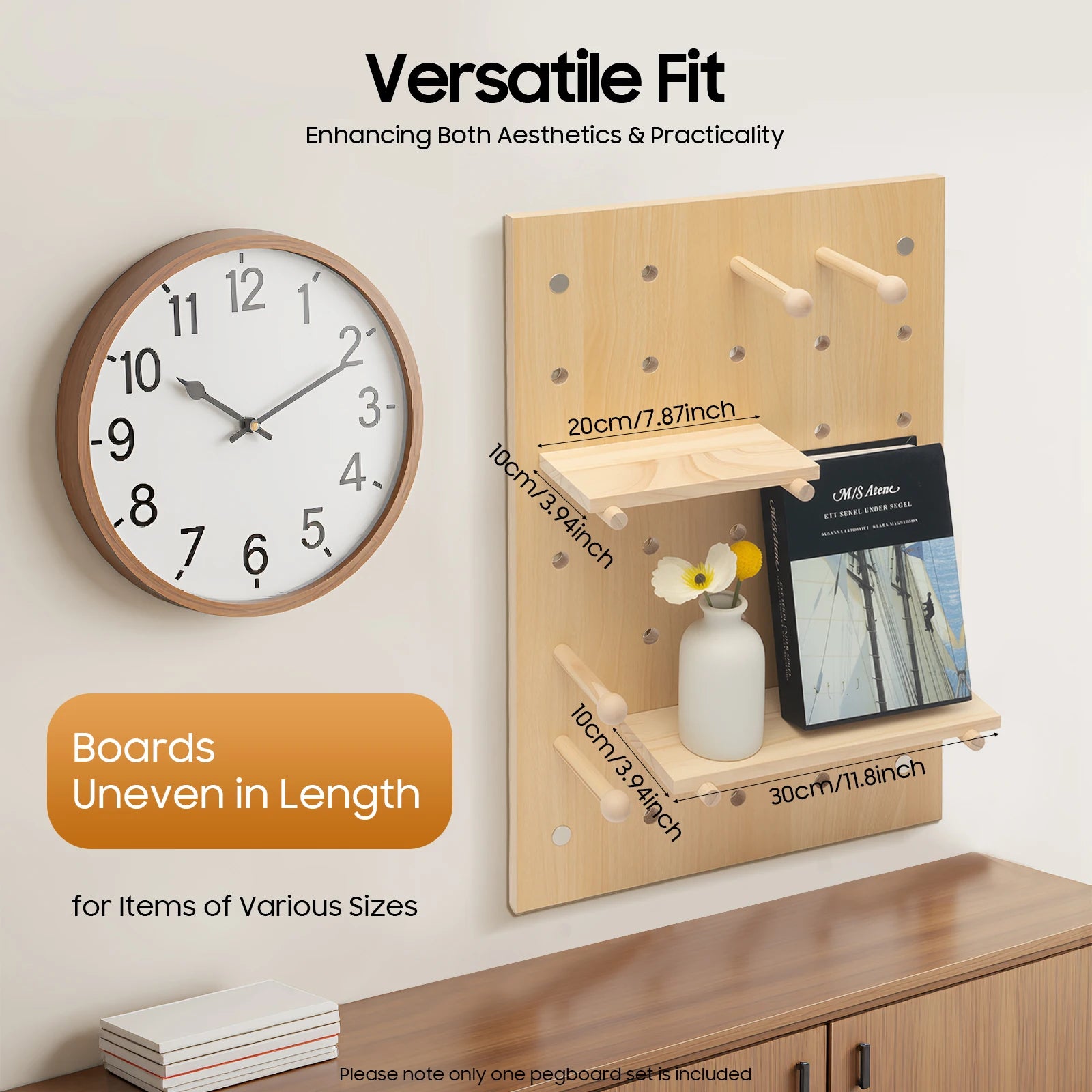 Wall Mount Wood Pegboard, Natural Wood Storage Display Shelf Wall Organizer, Kitchen Office DIY Tool Board Panel Rack Load 10kg