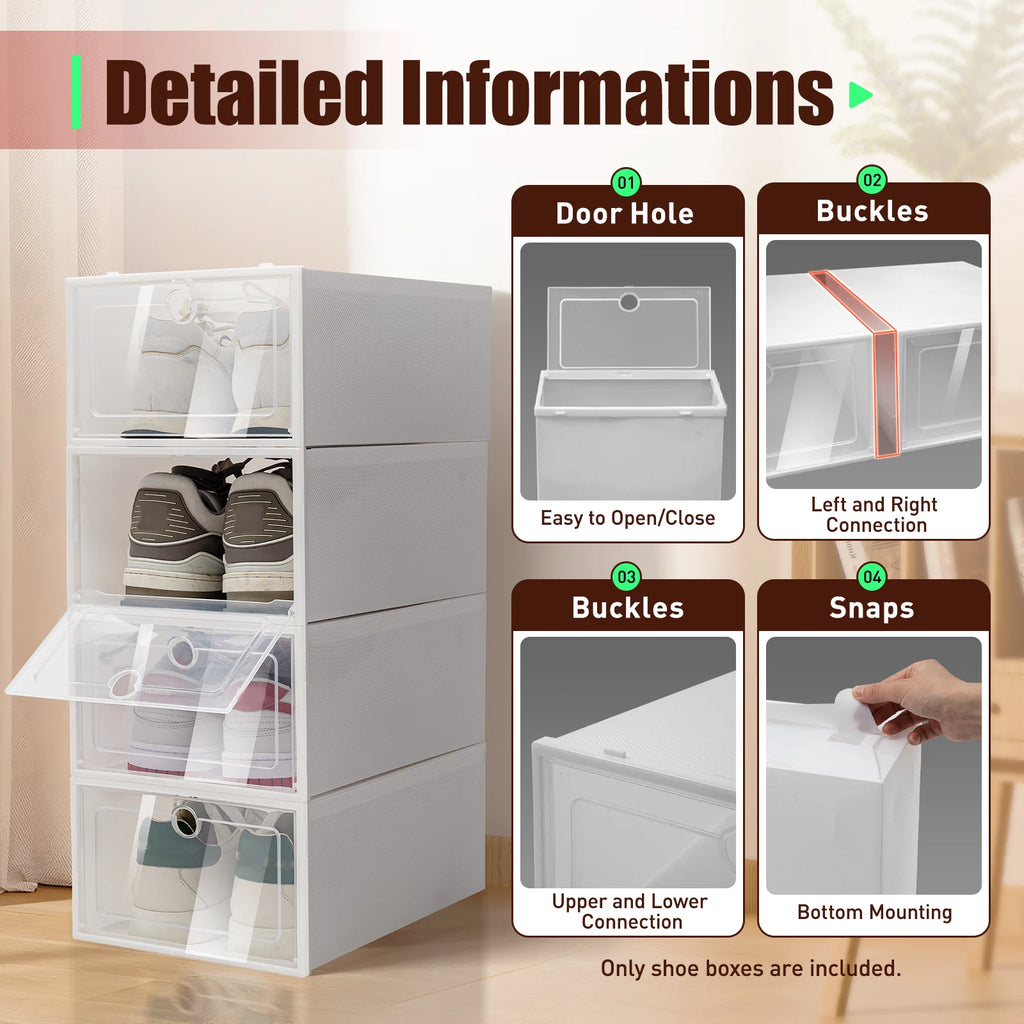 20/24PCS Foldable Flip Shoe Boxes Set Clear Plastic Stackable Storage Containers Home Organizer 33x23x14cm - Shoe Rack Case