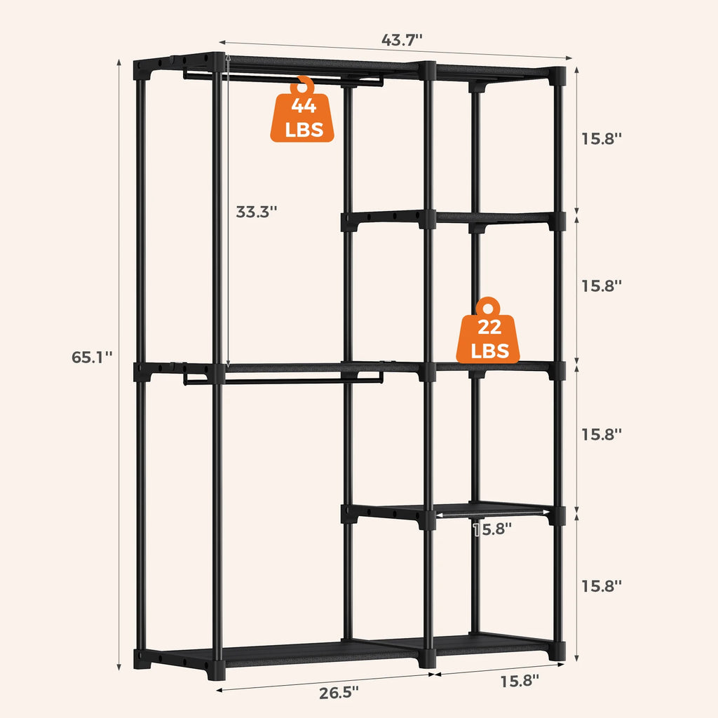 JHK 44IN to 49IN Portable Wardrobe Closet with Hanging Rods Clothing Rack with Shelves Mudroom Storage Organizer For Home