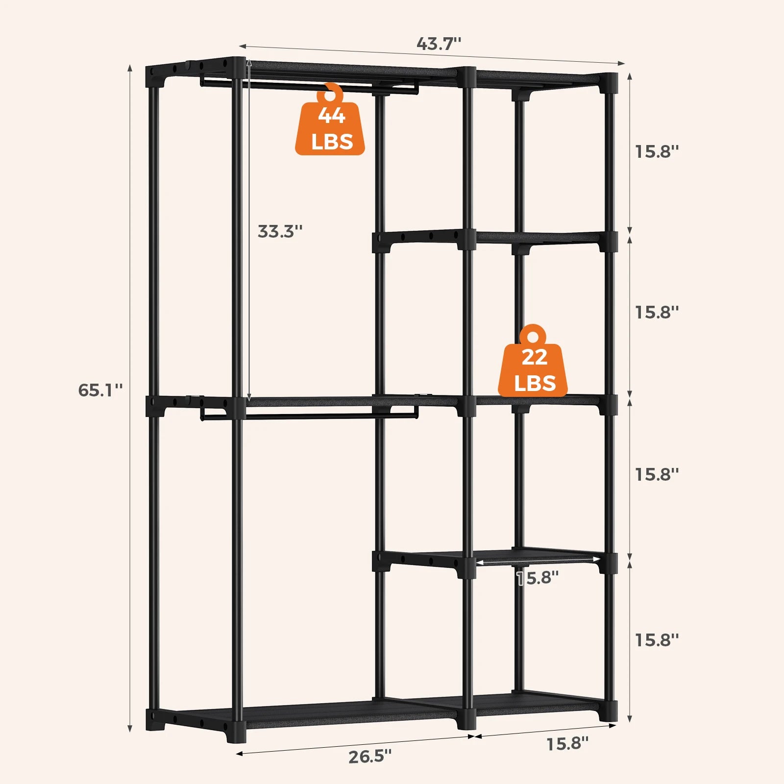JHK 44IN to 49IN Portable Wardrobe Closet with Hanging Rods Clothing Rack with Shelves Mudroom Storage Organizer For Home