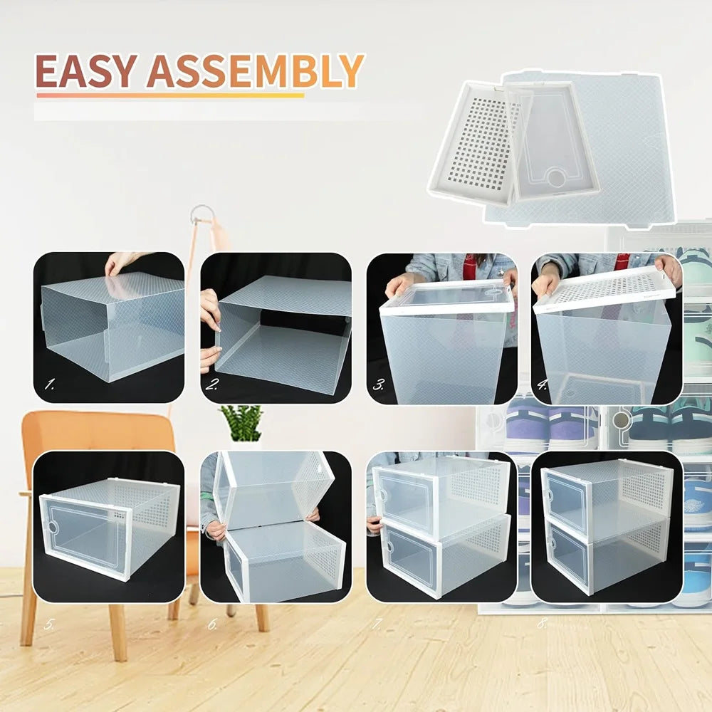 24pcs Large Stackable Plastic Shoe Storage Boxes Transparent Dustproof Display Cabinet for Men/Women Sports Shoes Boots Hats - Home Organization