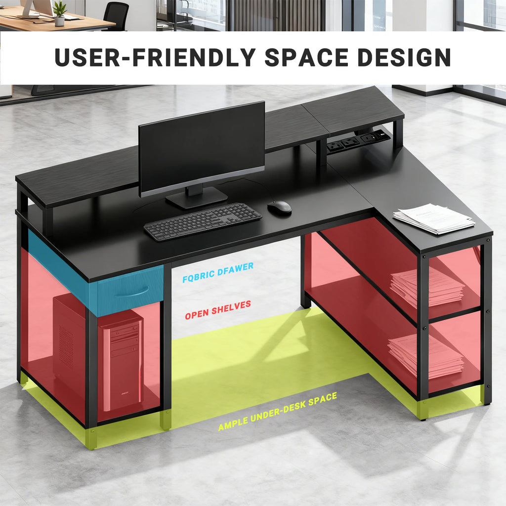 JHK L Shaped Gaming Desk with USB Charging Ports & LED Lights Reversible Desks Computer Gamer Table for Home Office Small Space