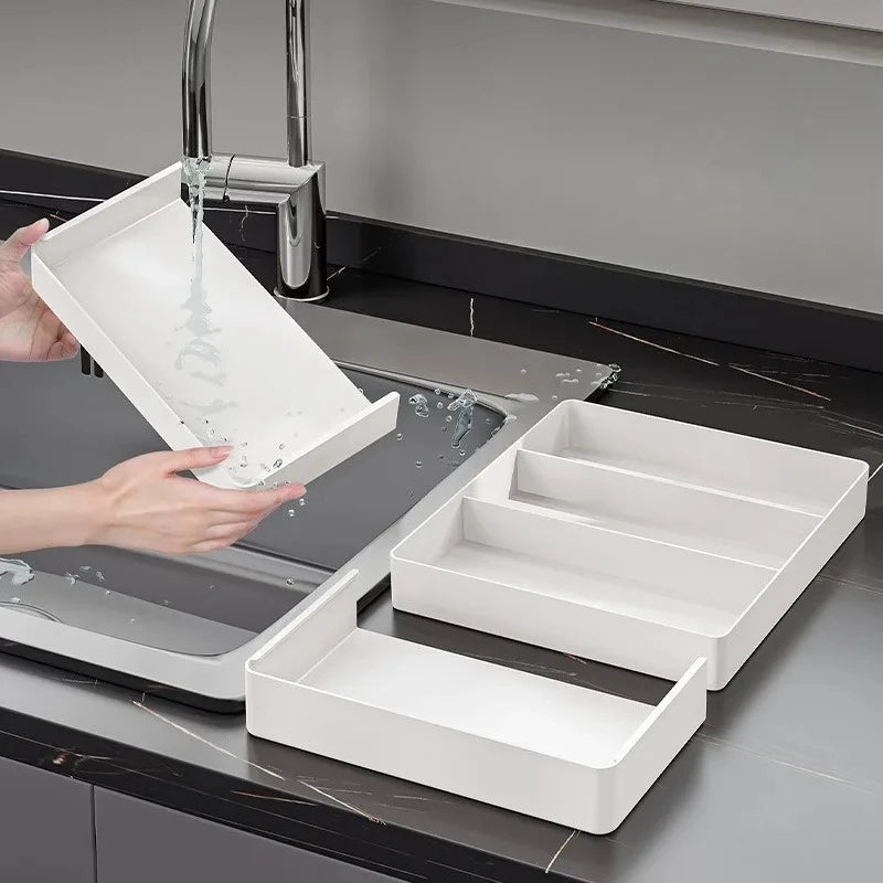 1pc Kitchen Drawer Retractable Storage Box Large-capacity Partitioning Storage Tray Home Tableware Knife Spoon Organizing Box