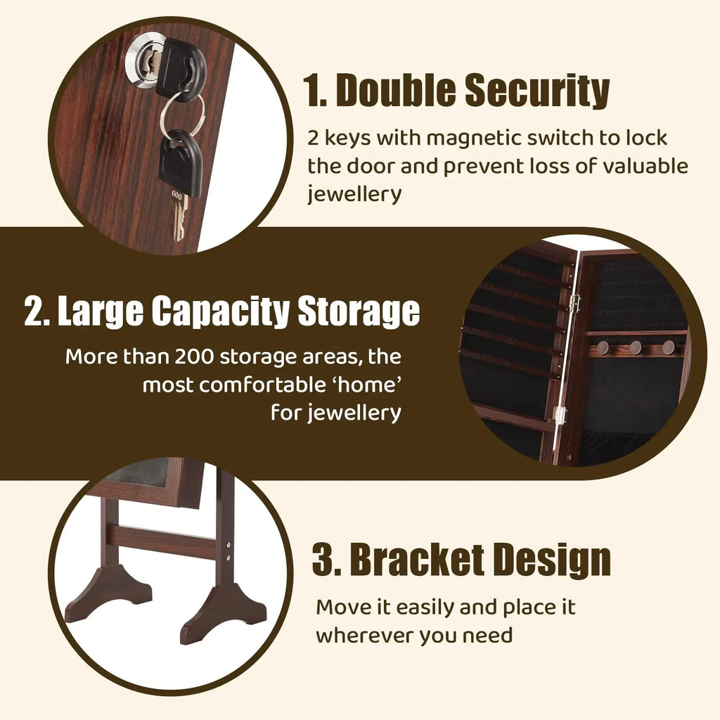 JHK Living Room Jewelry Armoire Cabinet 47.3 Inch Full Length Jewelry Organizer Standing Mirror Makeup Organizer Storage