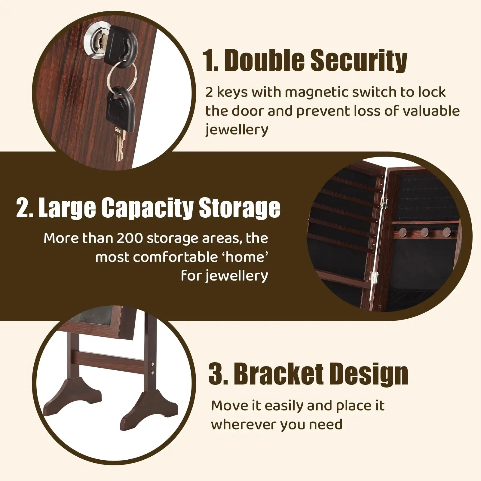 JHK Living Room Jewelry Armoire Cabinet 47.3 Inch Full Length Jewelry Organizer Standing Mirror Makeup Organizer Storage