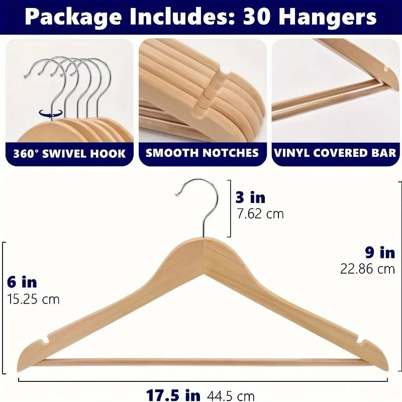 20pcs Non-Slip Wooden Clothes Hangers with Grooves, Solid Wood Clothing Rack for Wardrobe Bedroom & Clothing Store
