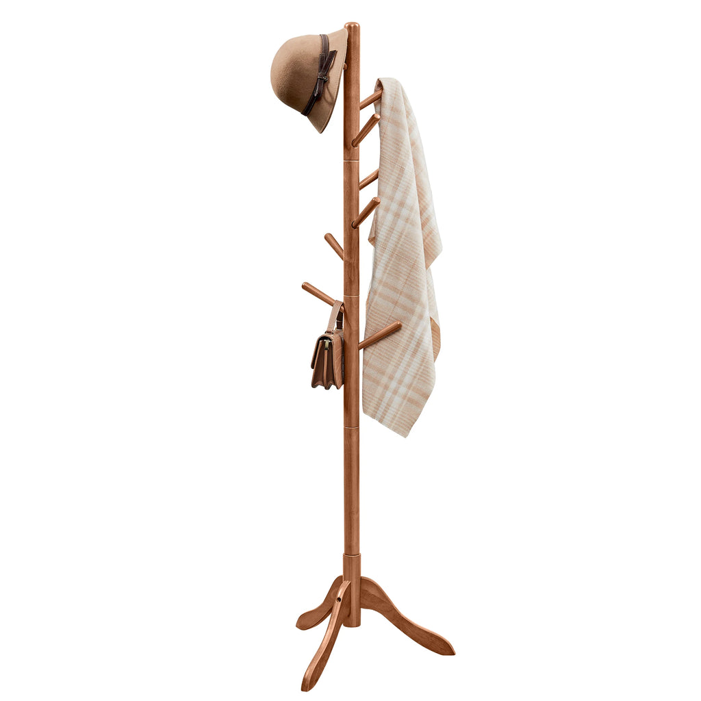 VASAGLE Solid Wood Coat Rack, Free Standing Tree-Shaped Coat Rack with 8 Hooks, 3 Height Options, for Clothes, Hats, Bags, Livin