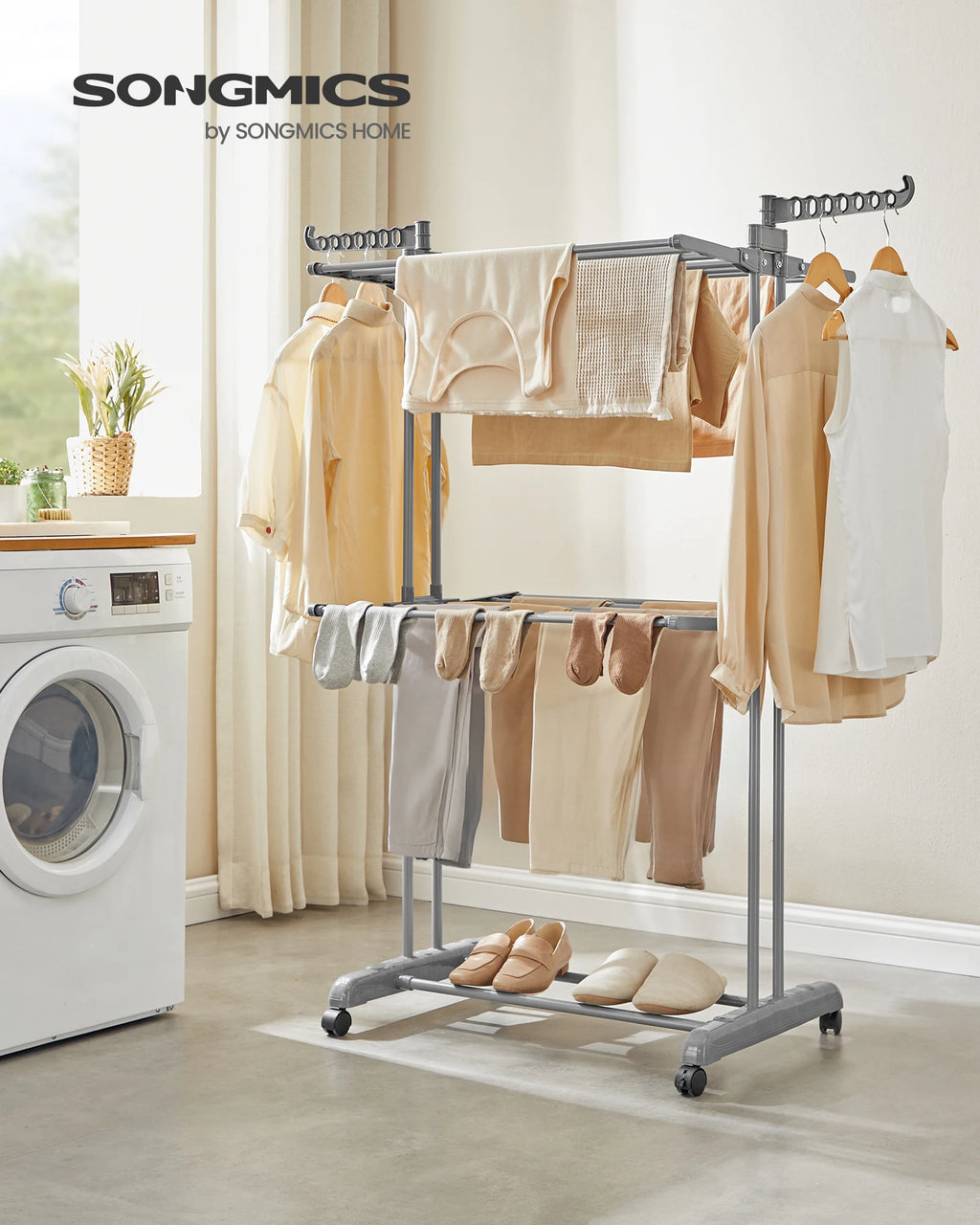 SONGMICS Clothes Drying Rack 3-Tier, Foldable Laundry Drying Rack 58.3-Inch Tall, Stainless Steel, Rolling Clothes Horses, Cloth