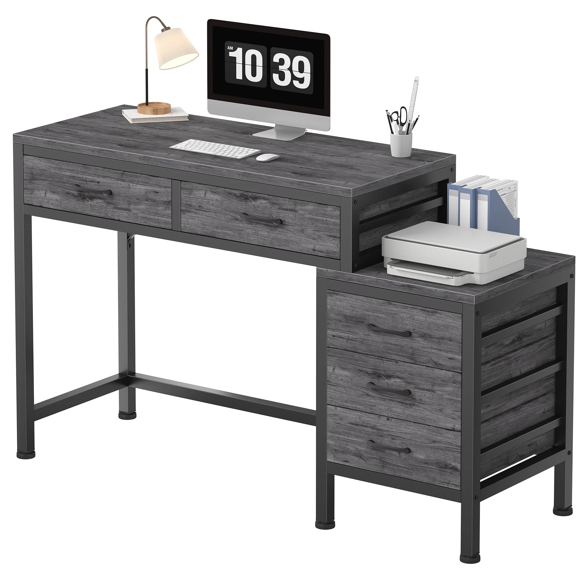 JHK 51IN Computer Desk with 5 Drawers Small Office Desk Computer Table with Printer Stand and Storage for Studying Writing