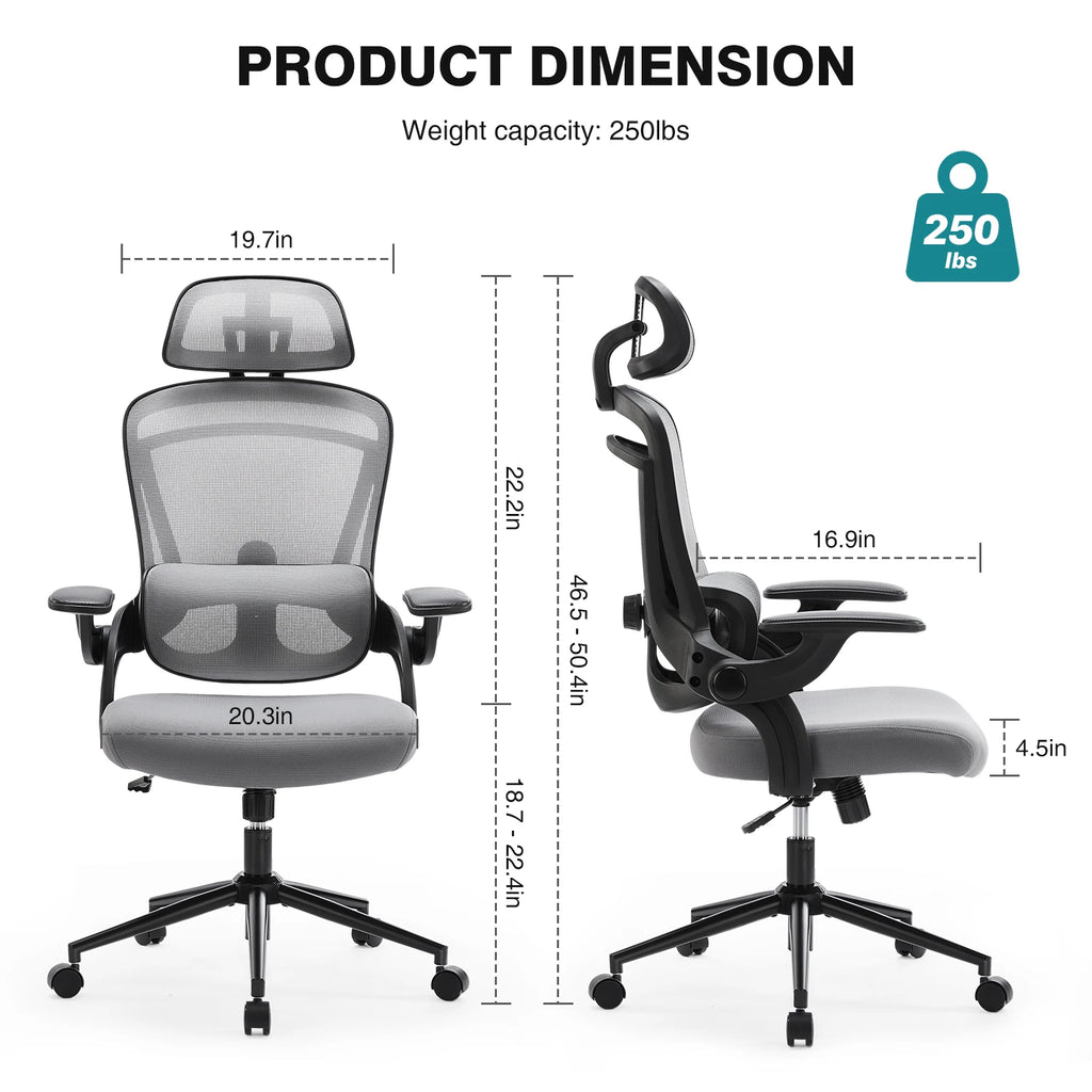 JHK Ergonomic Mesh Office Chair Adjustable Lumbar Support 120°Tilt High Back Comfortable Computer Chair with Soft Flip Up Arms