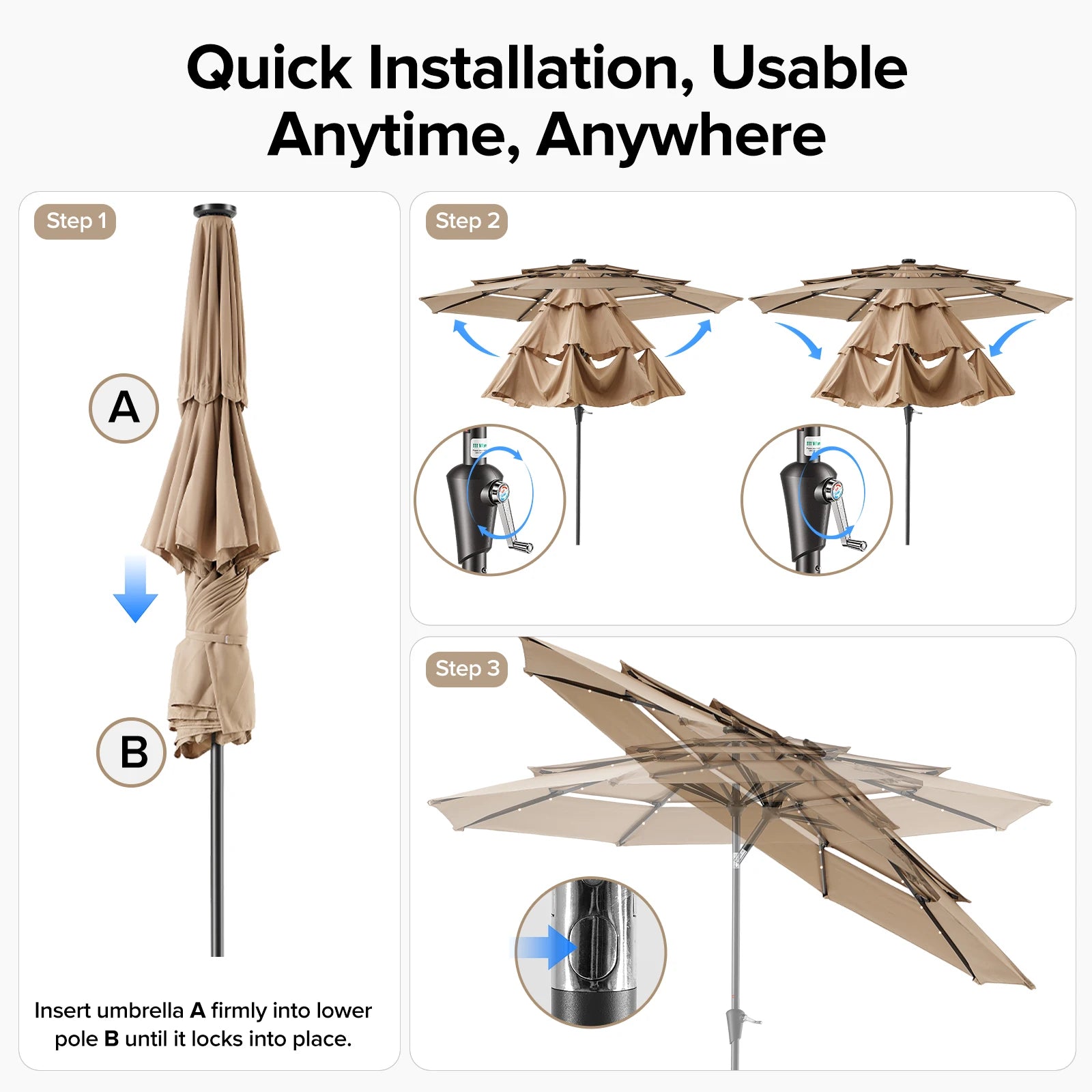 JHK 3-Tier 10FT Outdoor Patio Umbrella with 32 LED Lights Crank 8 Sturdy Ribs Table Umbrella for Pool Beach and Outdoor