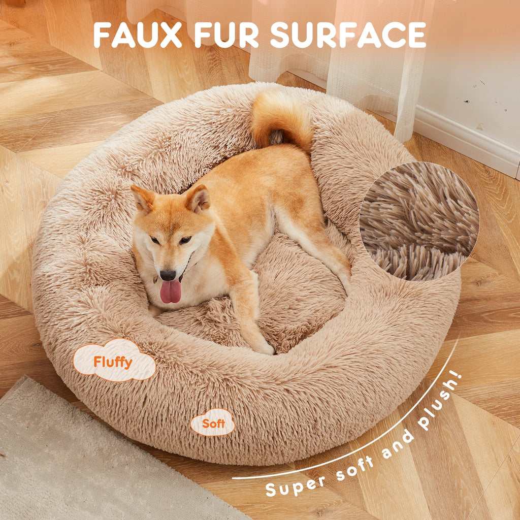 JHK Round Plush Faux Fur Calming Dog Bed for Medium to Large Dogs Washable Large Pet Bed Anti-Slip Fluffy Dog Bed For Home