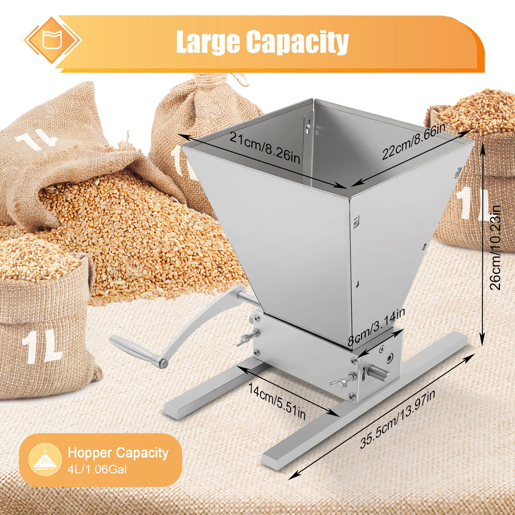 4L Grain Mill Grinder,Stainless Steel Manual Malt Crusher Hand Crank/Electric Drill Grain Grinder Milling Barley Wheat Home Brew