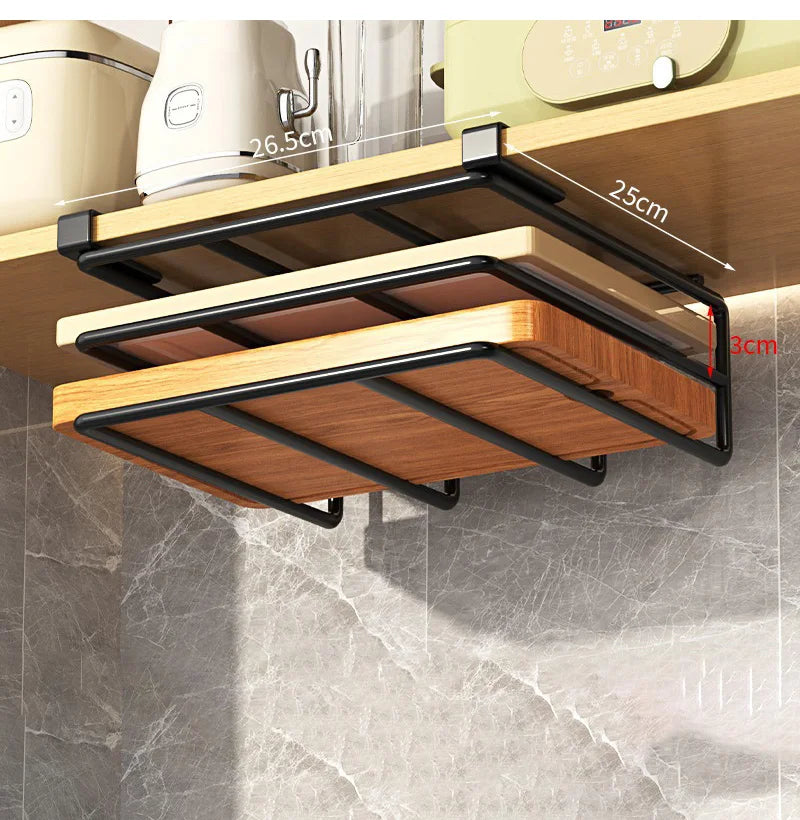 Under Kitchen Cabinet Hanging Organizer Cutting Board Storage Rack Paper Towel Holder No Punch Pot Lid Storage Kitchenware Hook