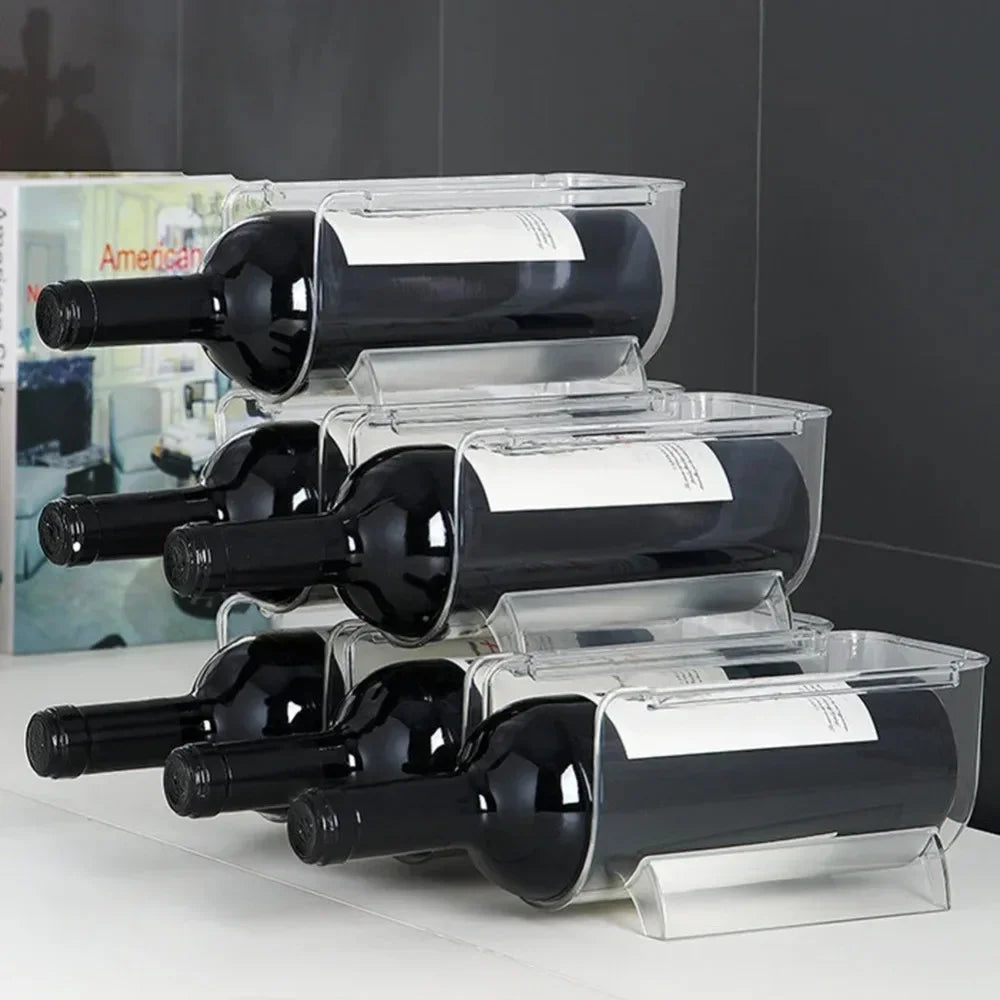 Clear Refrigerator Wine and Water Bottle Holder,  Stackable Plastic Wine Rack Storage Organizer for Fridge, Cabinet, Pantry