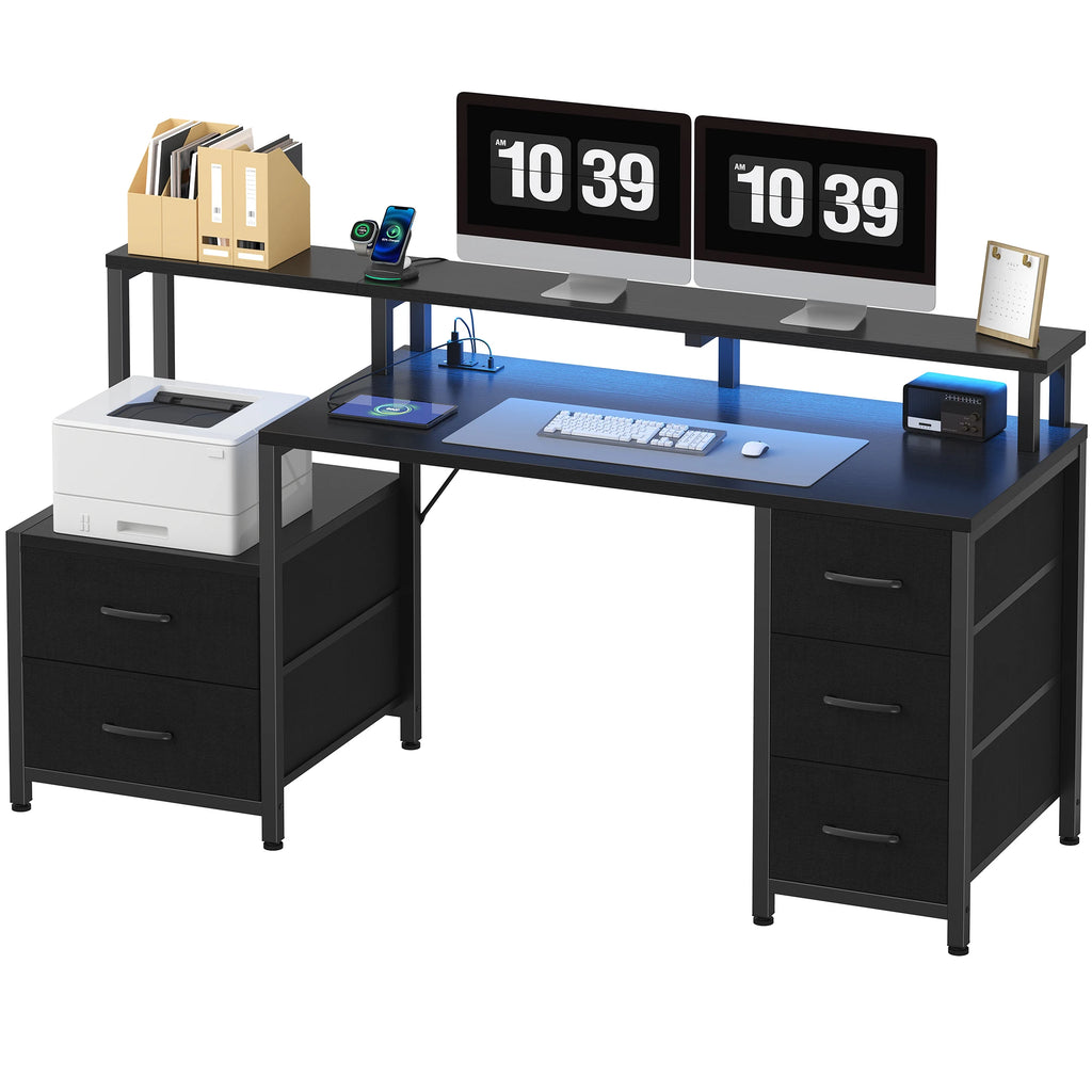 JHK 67In Gaming Computer Desk with 5 Storage Drawers Wood Office Computer Desks with LED Lights Power Outlets for Office Bedroom