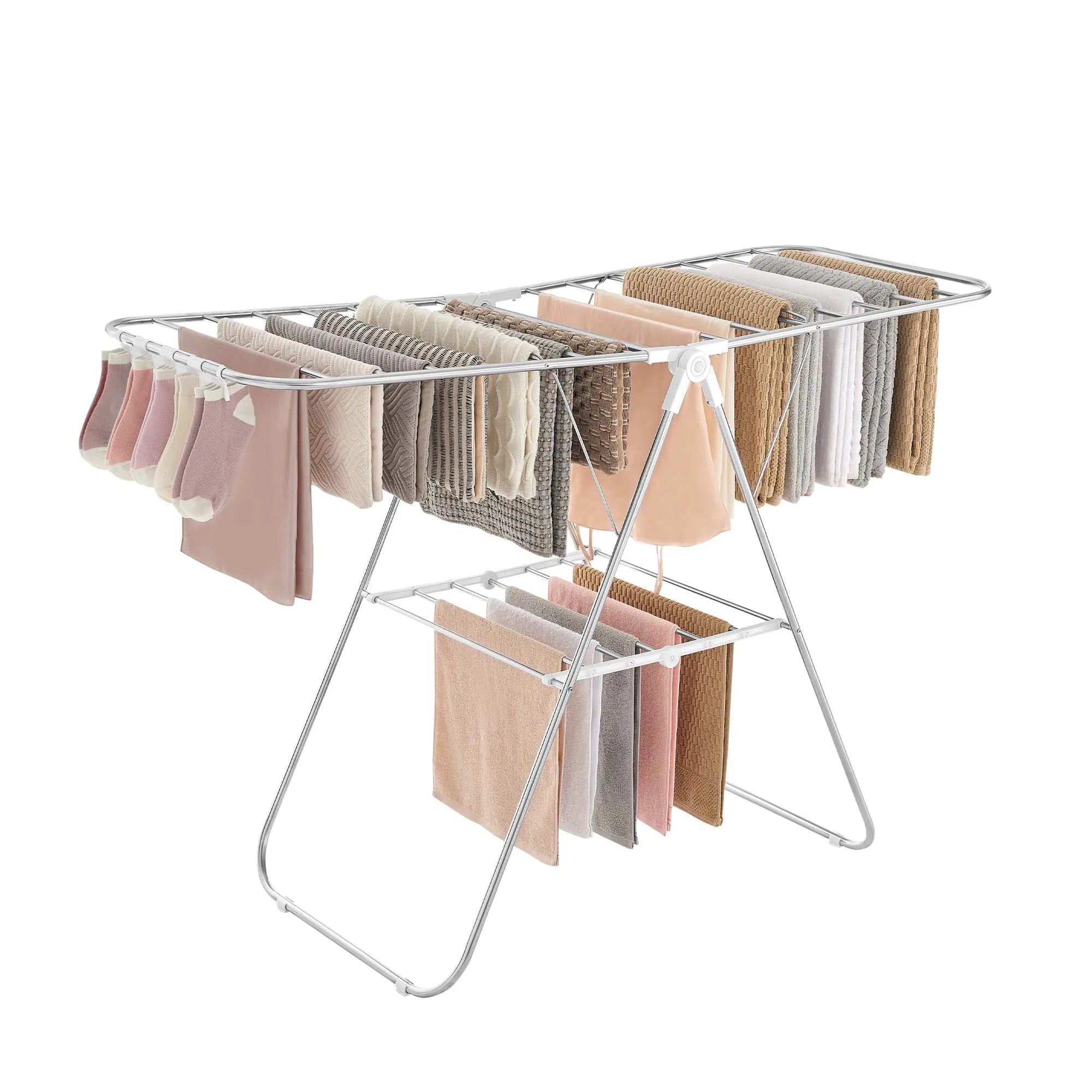 SONGMICS Clothes Drying Rack, with Sock Clips, Metal Laundry Rack, Foldable, Space-Saving, Free-Standing Airer, with 2 Height-Ad