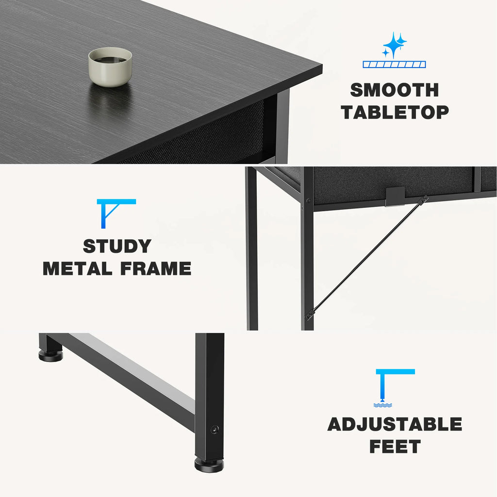 JHK Modern Office Computer Desk 32 Inch with Fabric Storage Drawers Space Side Bag Metal Frame Adjustable Feet For Home PC Table