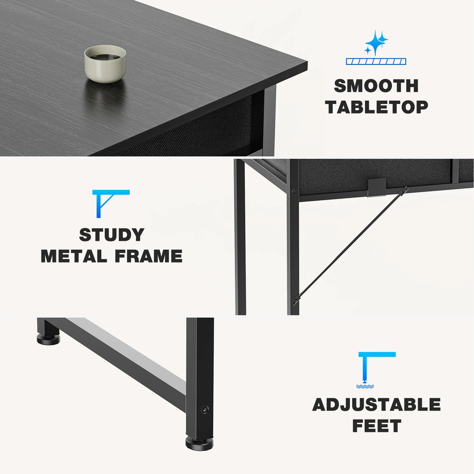 JHK Modern Office Computer Desk 32 Inch with Fabric Storage Drawers Space Side Bag Metal Frame Adjustable Feet For Home PC Table
