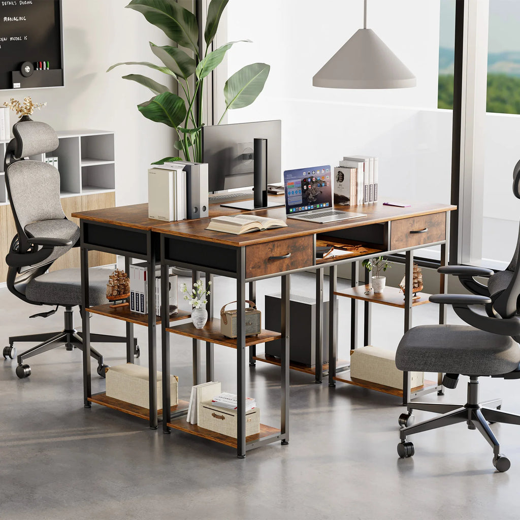 JHK 48 Inch Computer Gaming Desk with Fabric Drawers Storage Shelves Metal Frame Adjustable Feet Table For Bedroom Home Office