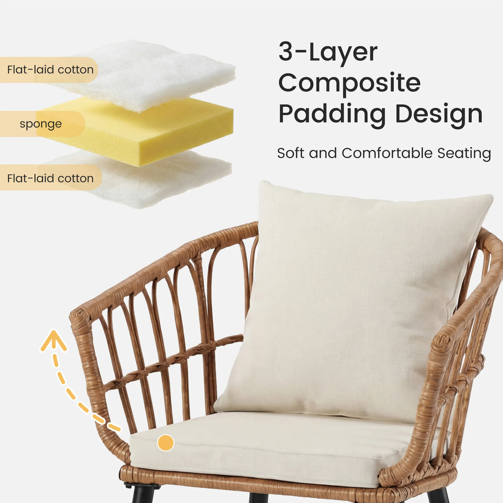 JHK 3 Pieces Wicker Patio Outdoor Set with Soft Cushion and Glass Steel Frame Table Manual Weaving Patio Chairs For Garden Lawn