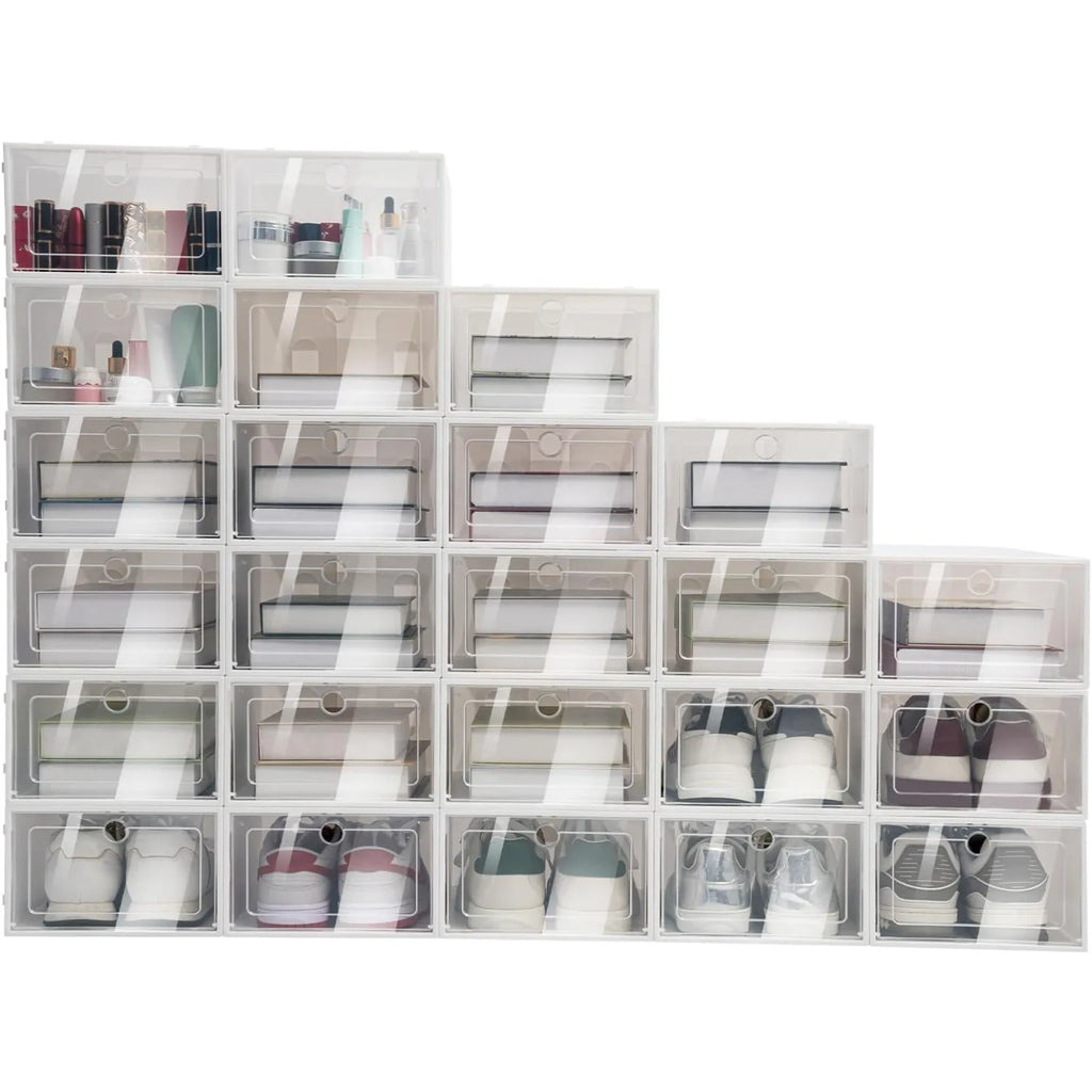 24 Pack Shoe Storage Boxes, Clear Plastic Stackable Shoe Organizer, Foldable Shoe Rack, Space-Saving Home & Office Organizatio