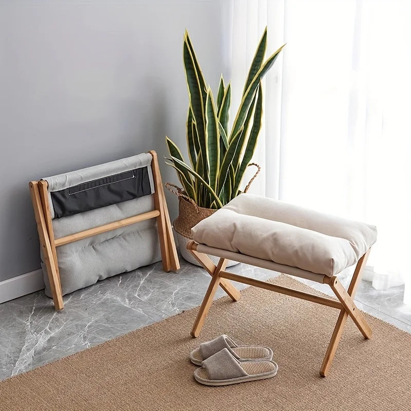 Bamboo Foldable Peddle with Soft Cushion Seat - Portable for Office and Home Use, Space Saving Design , Footstool Furniture