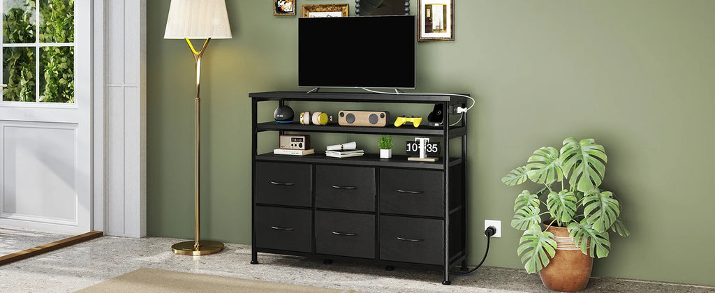 JHK TV Stand Dresser For Living Room With 6 Fabric Drawers Storage Up to 45 inch TV Wood Top TV Media Console Table Cabinet