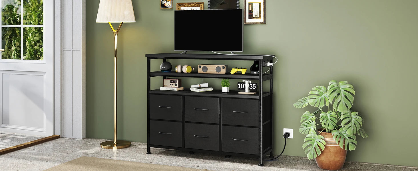 JHK TV Stand Dresser For Living Room With 6 Fabric Drawers Storage Up to 45 inch TV Wood Top TV Media Console Table Cabinet