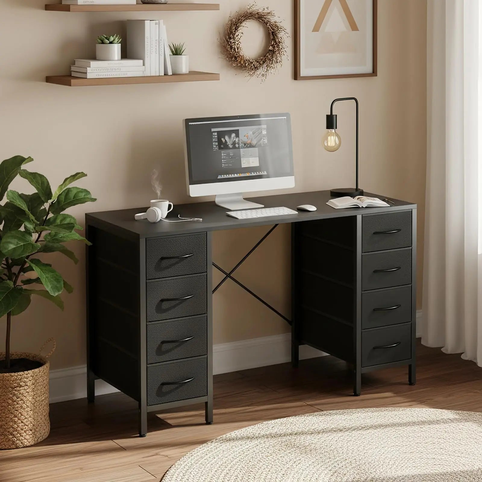 JHK 47 Inch Computer Desk with 8 Fabric Drawers Office Gaming Desk Writing Study Table with X-Shaped Reinforced Structure