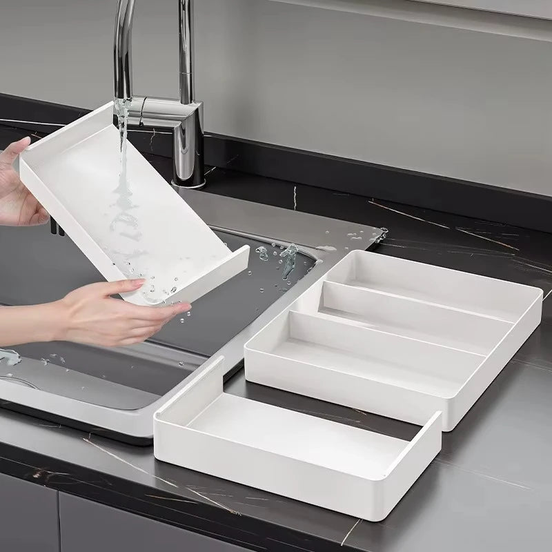 1pc Kitchen Drawer Retractable Storage Box Large-capacity Partitioning Storage Tray Home Tableware Knife Spoon Organizing Box