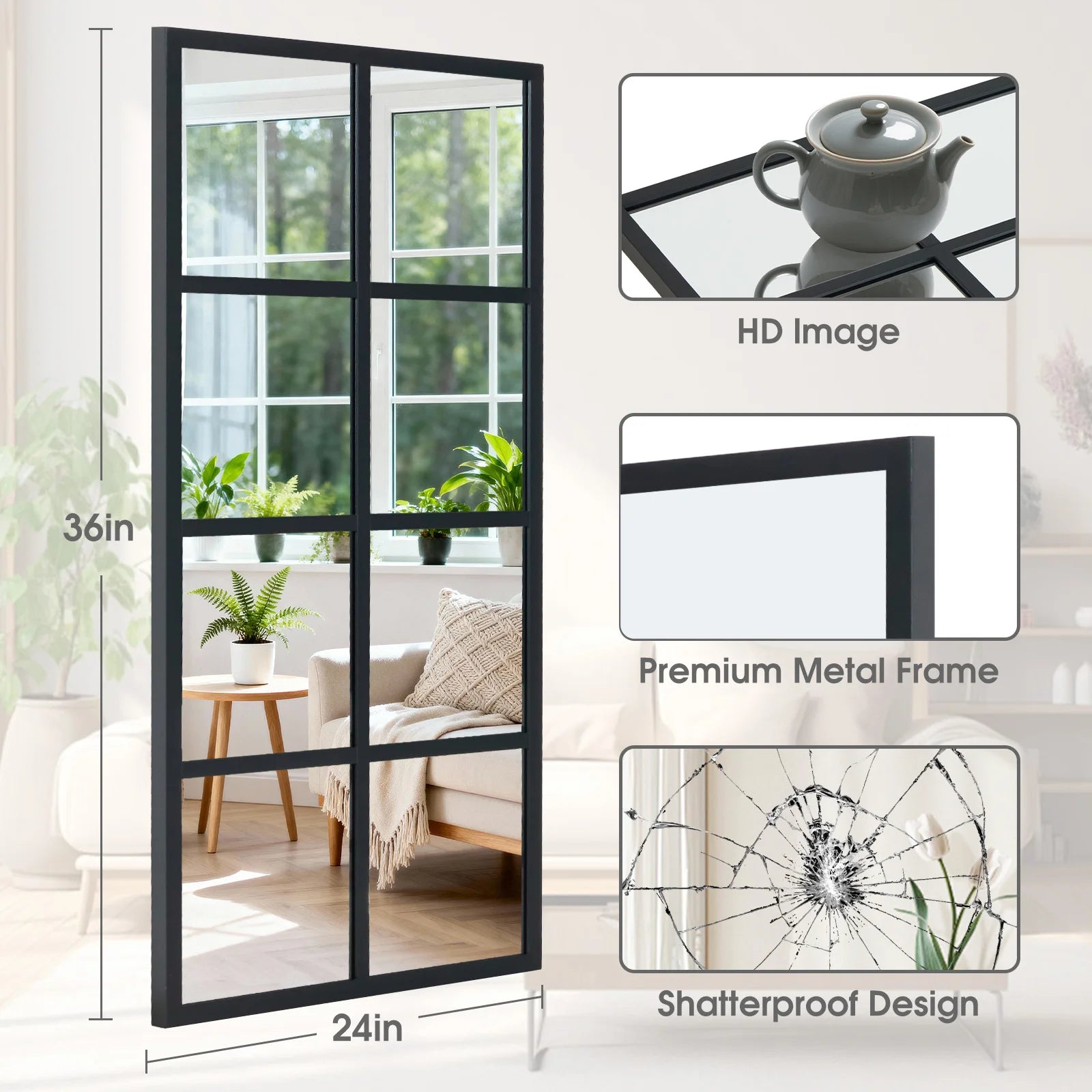 JHK Standing Hanging Full Body Wall Mirror Rectangle Window Pane Decorative Mirror Metal Framed Mirror for Bathroom Living Room