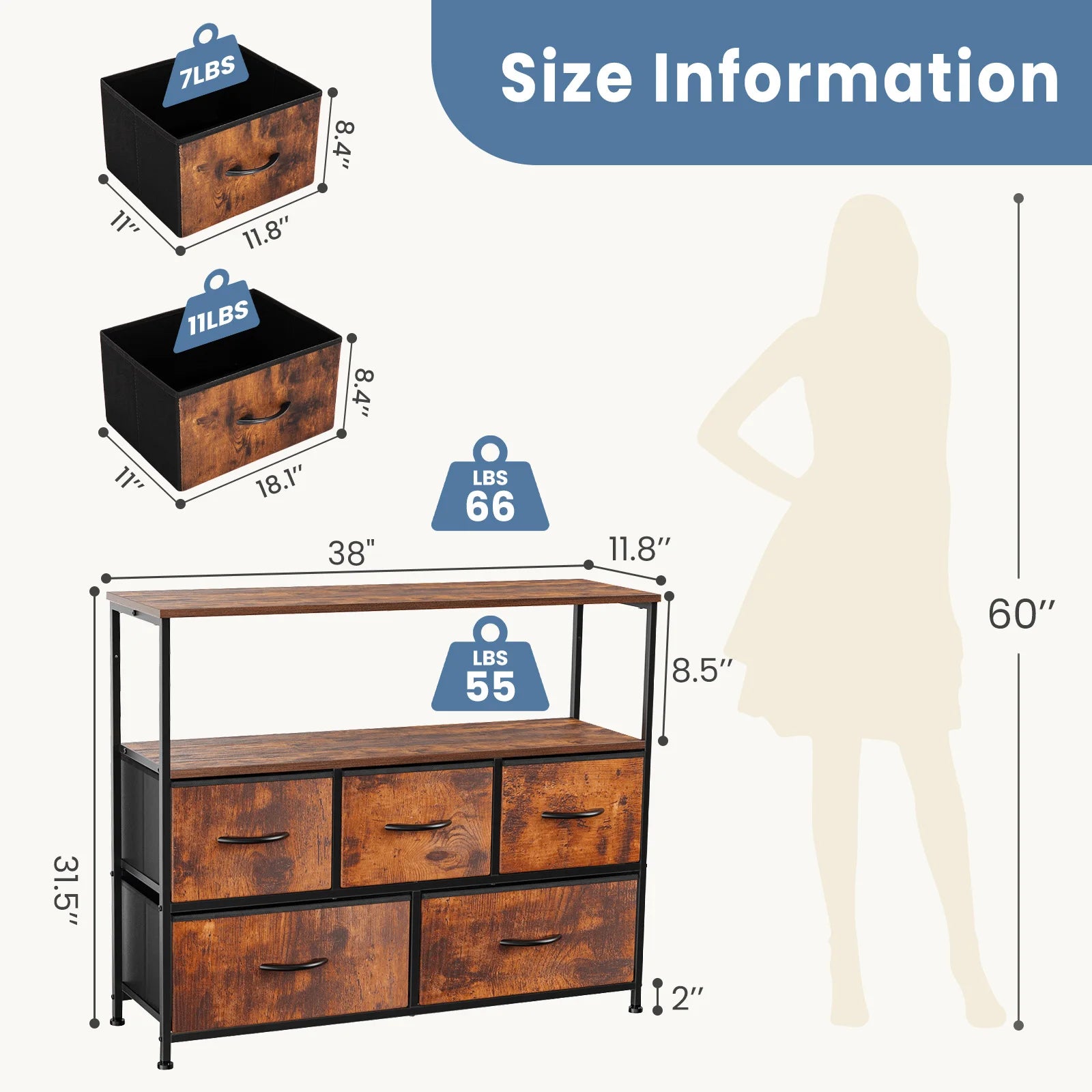 JHK Fireplace TV Stand Dresser For Bedroom With 5 Fabric Drawers Storage Closet Chest Clothes Storage Display Cabinet Furniture