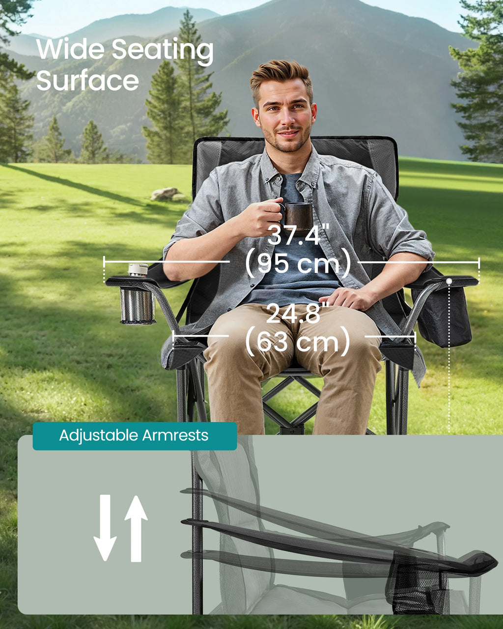 SONGMICS Oversized Lumbar Support Camping Chair, Heavy-Duty Outdoor Folding Chair Comfortable, Padded, Glamping, Cooler Bag, Wei