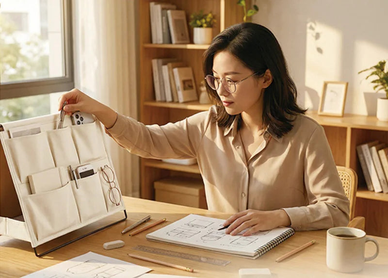 1pc Office Desk Storage Rack Multi-pocket Item Organizer Pen Holder Desktop Neat Foldable Storage Pocket Save Space