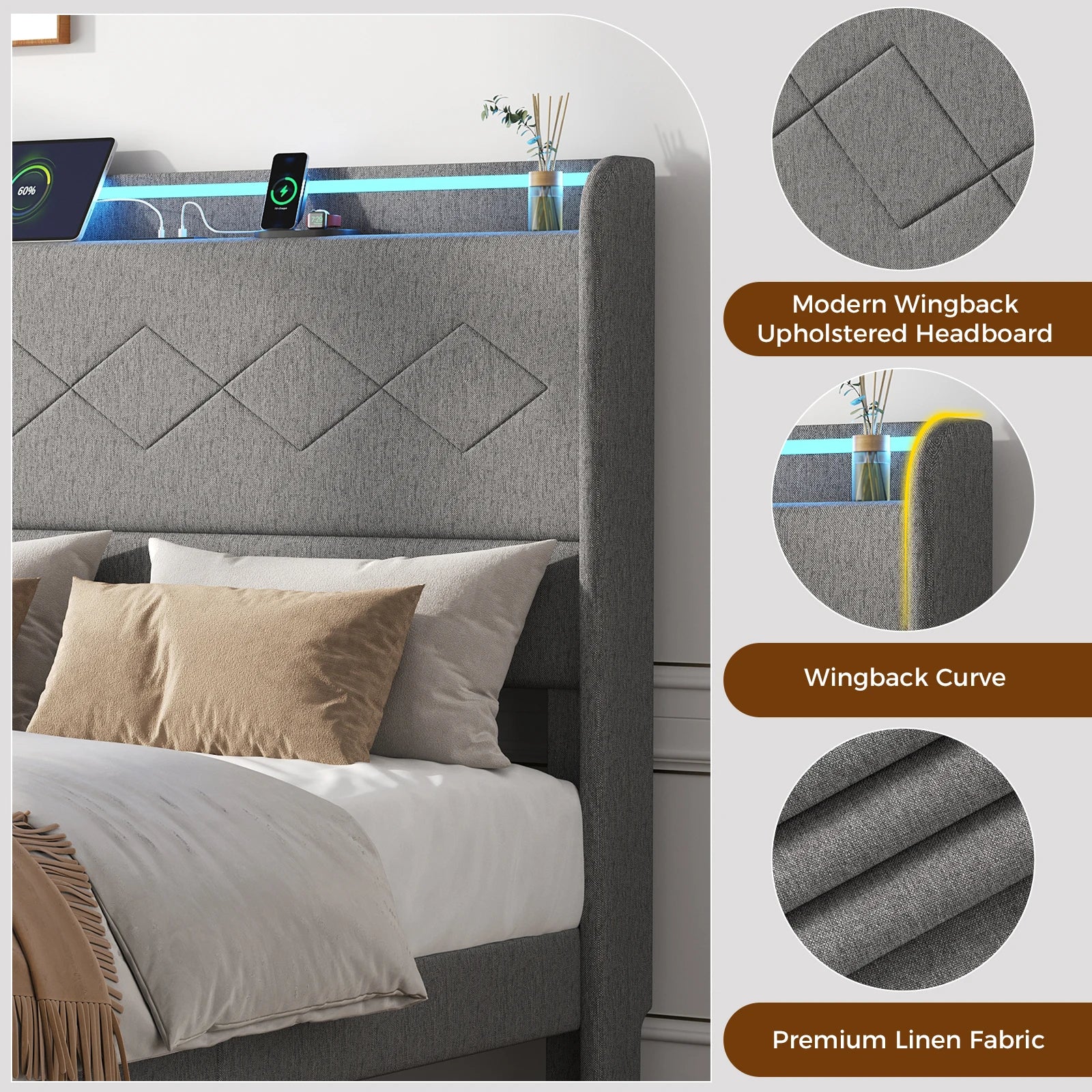JHK Queen Size Upholstered Bed Frame with Adjustable Headboard 3 USB Charging Ports and LED Light Strip with Bluetooth Control