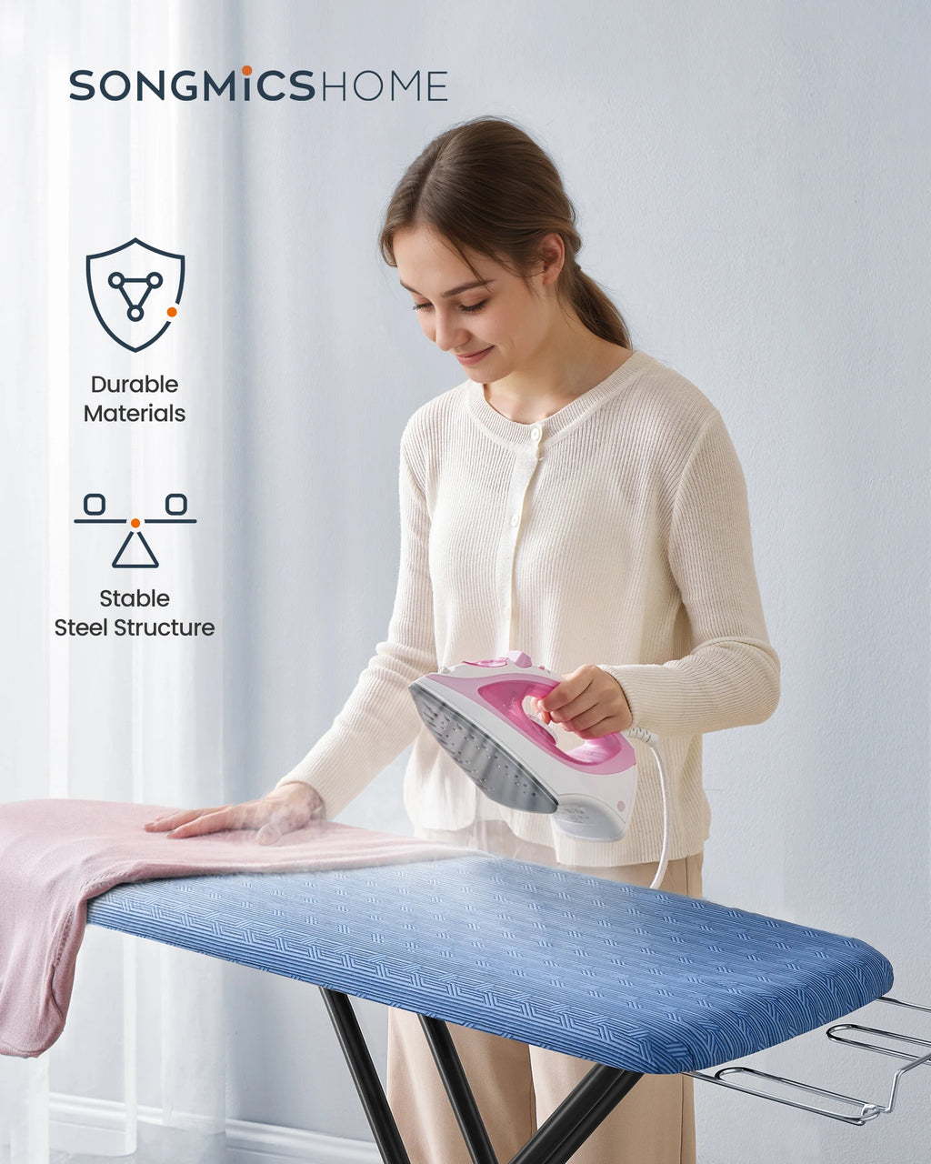 SONGMICS Ironing Board, Foldable Iron Board, Height Adjustable up to 35 Inches, with 4 Layered Cover and Pad, Iron Rest, Hook, S