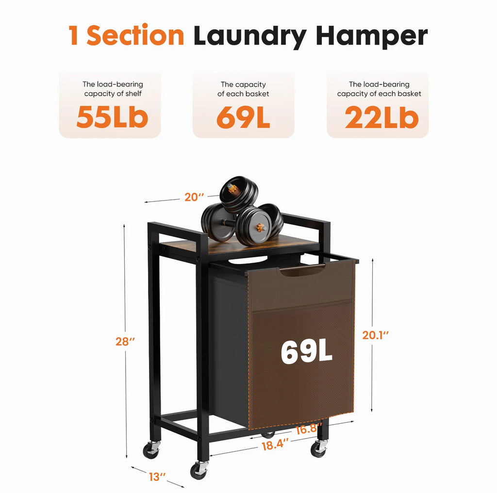 JHK 20IN Cabinets with Movable Wheels Metal Frame and 69L Pull-Out Removable Sorter Bags Clothes Basket Organizer for Furniture