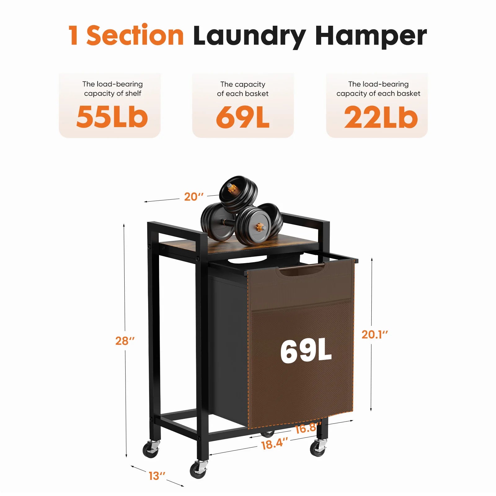 JHK 20IN Cabinets with Movable Wheels Metal Frame and 69L Pull-Out Removable Sorter Bags Clothes Basket Organizer for Furniture