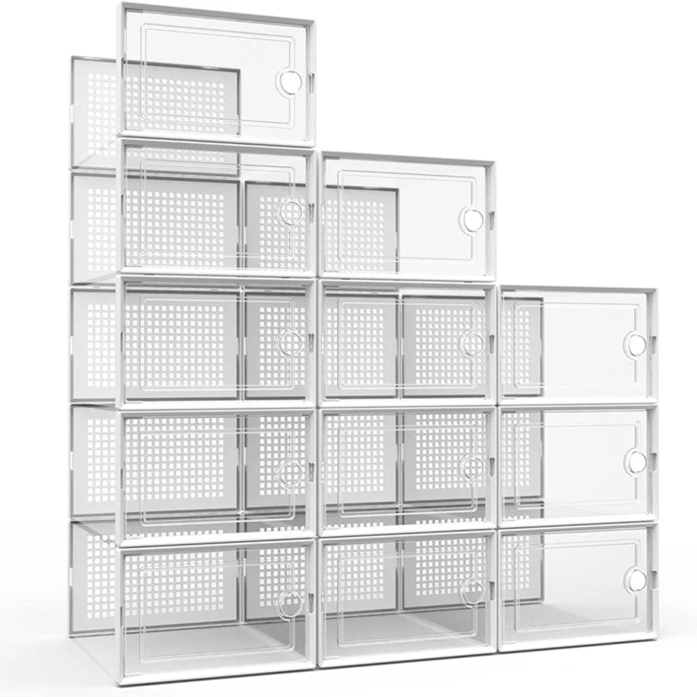 12-Pack Transparent Plastic Stackable Foldable Shoe Storage Boxes for Closet Sports Shoe Organizers Linkable Design Shoe Racks