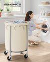 SONGMICS 29-Gallon (110 L) Laundry Basket with Wheels, Rolling Round Heavy-Duty Laundry Hamper Cart with Steel Frame and Removab
