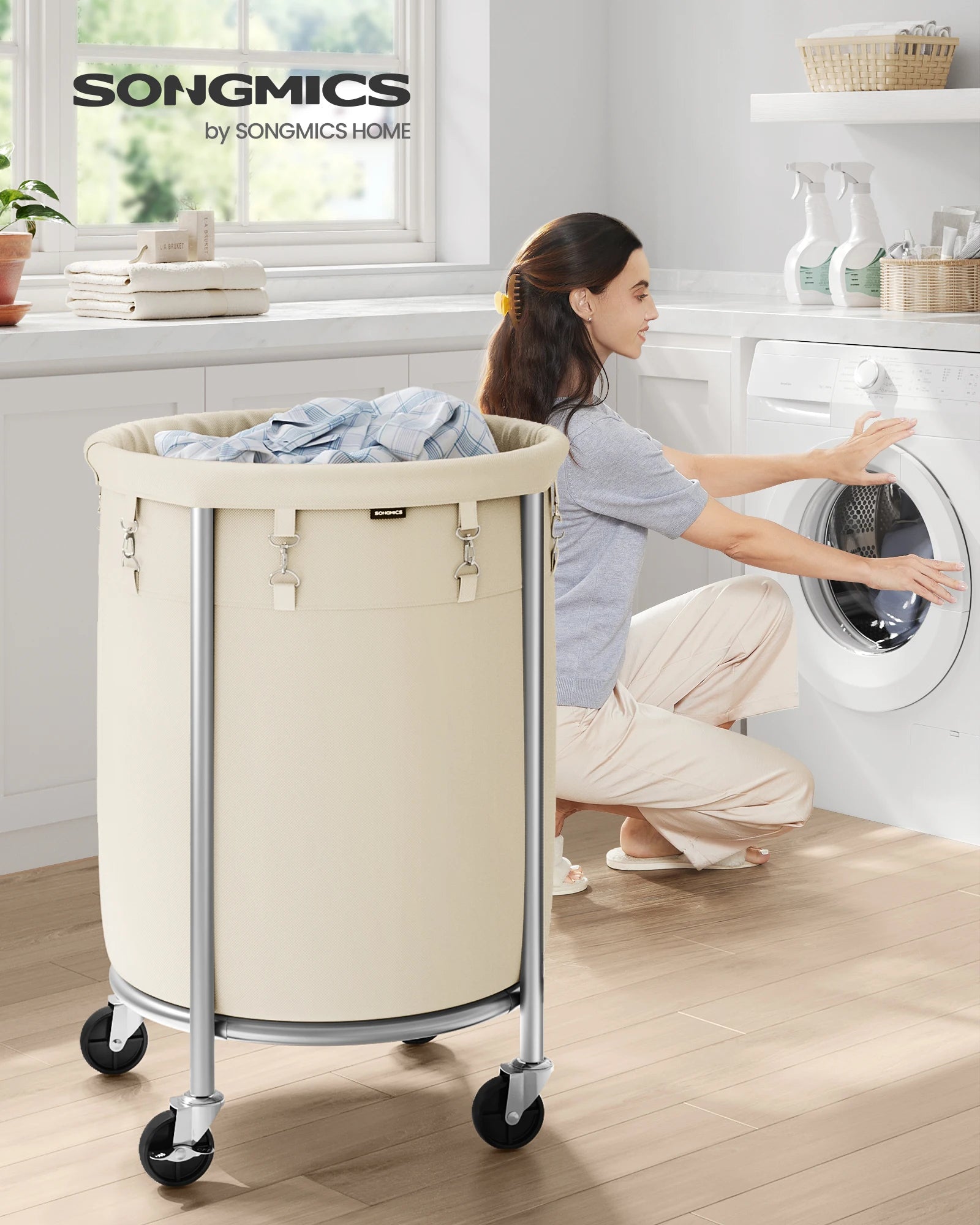 SONGMICS 29-Gallon (110 L) Laundry Basket with Wheels, Rolling Round Heavy-Duty Laundry Hamper Cart with Steel Frame and Removab