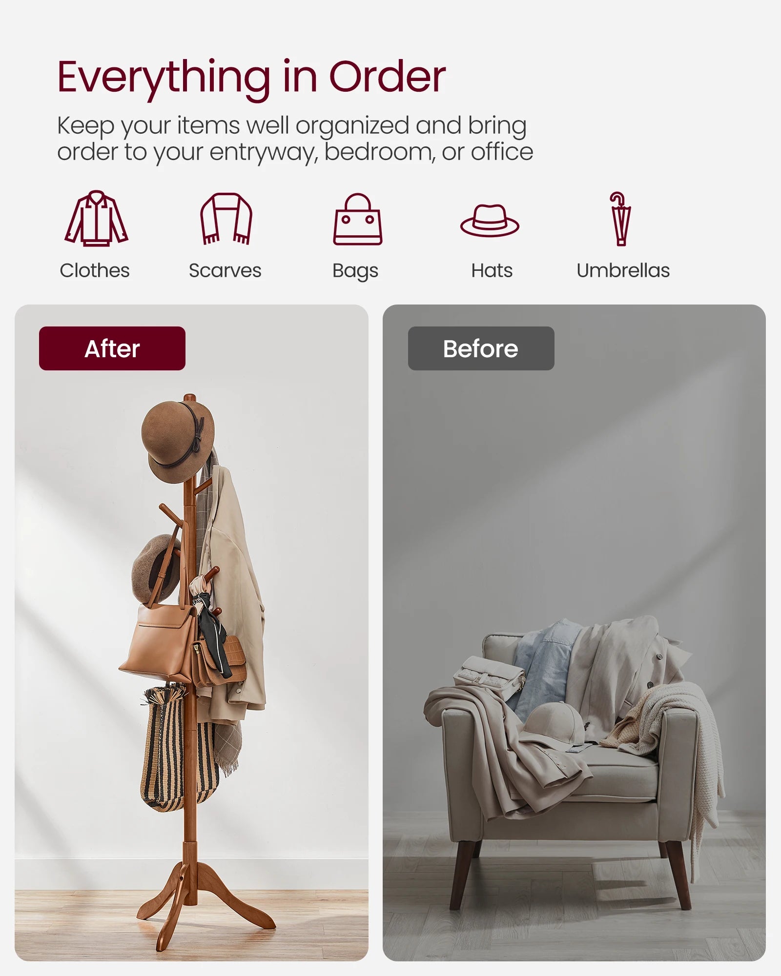 VASAGLE Solid Wood Coat Rack, Free Standing Tree-Shaped Coat Rack with 8 Hooks, 3 Height Options, for Clothes, Hats, Bags, Livin