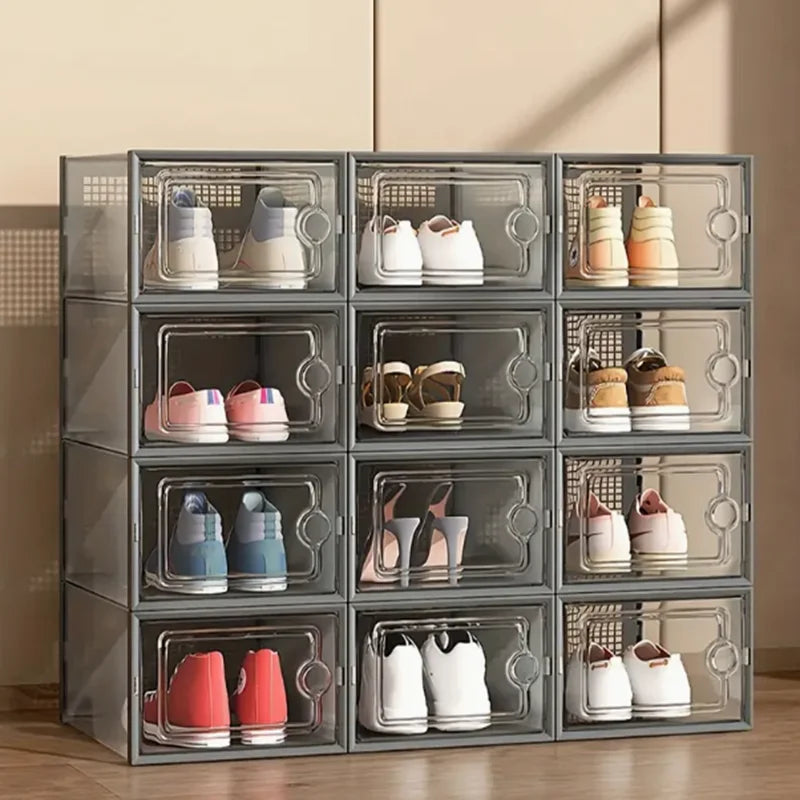 12-Pack Transparent Plastic Stackable Foldable Shoe Storage Boxes for Closet Sports Shoe Organizers Linkable Design Shoe Racks