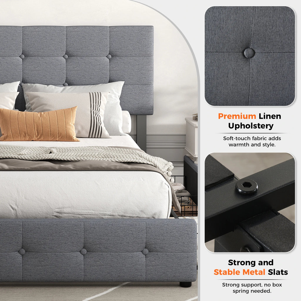 JHK Queen Full Size Bed Frame with Storage Upholstered Platform Bed Frame with 4 Drawers and Adjustable Height Button Headboard